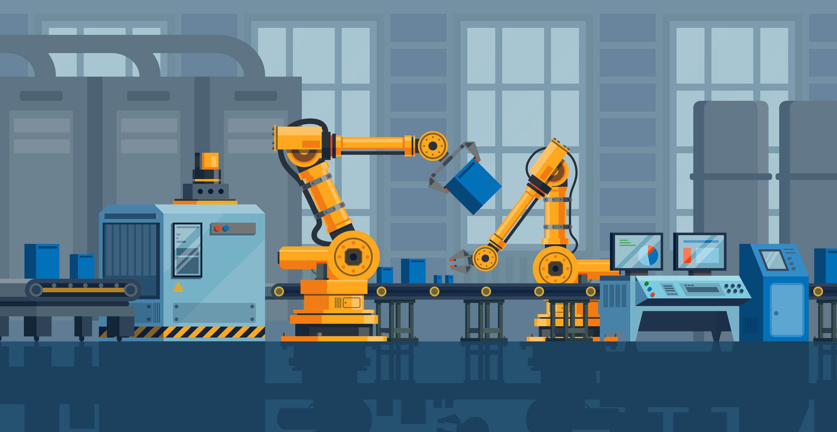 Industrial-Security Fließband mit zwei Roboterarmen im Cartoon-Stil